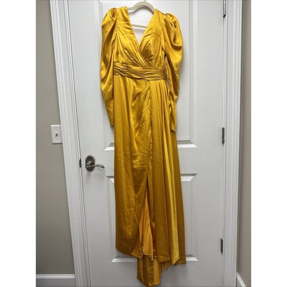 New Mac Duggal Size 6 Yellow 12404 Long Sleeve Satin Formal Cocktail Gown Dress - Picture 4 of 11